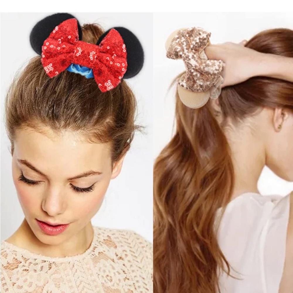 NWT Mickey Minnie Mouse Ears Scrunchie Hair Tie Velvet Sequin Disney Disneyland